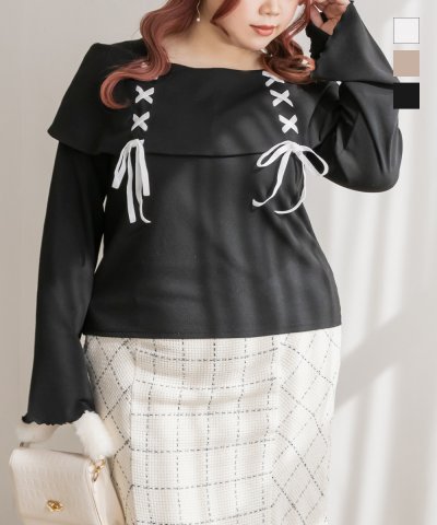 大きいサイズ レディース LL 3L 4L XL XXL XXXL CLETTEオリジナルオフショル風レースアッププルオーバー