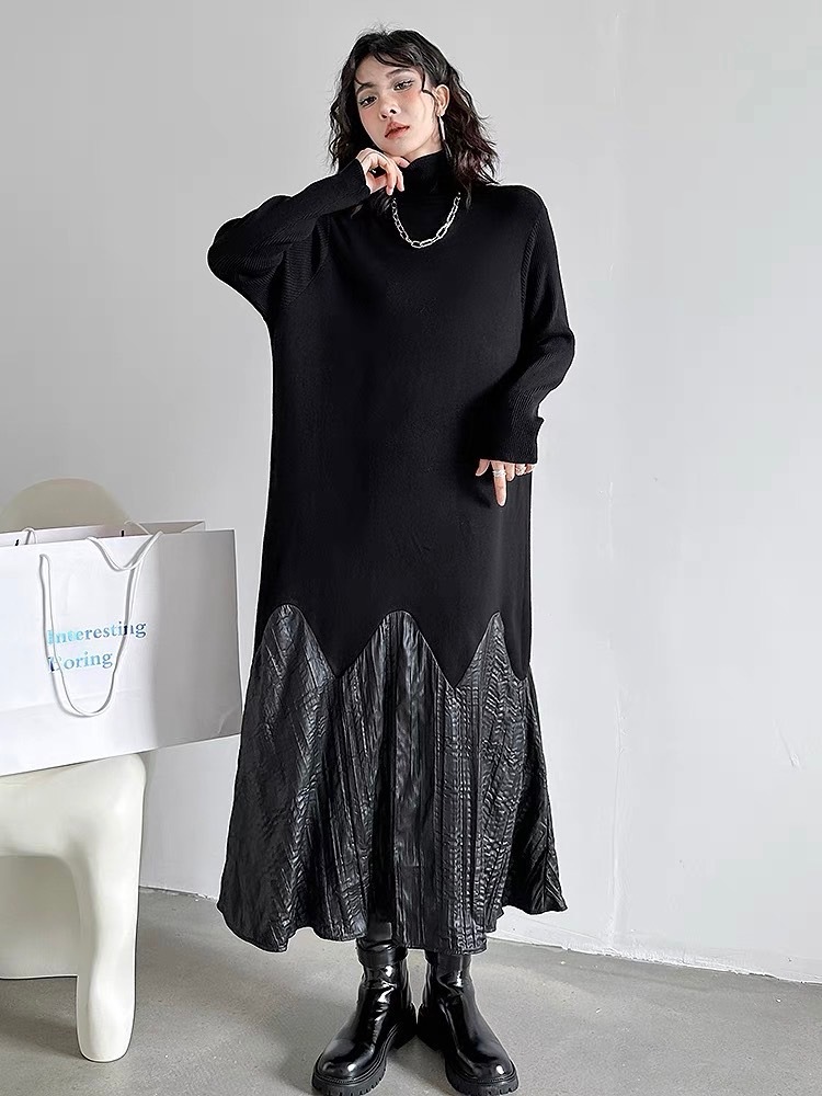 ハイネックゆったり切替ロングニットワンピース ワンピース 黒 ニットワンピース 長袖 異素材MIX ゆったり 韓国 レディース モード系 カジュアル ストリートコーデ マタニティー デートコーデ