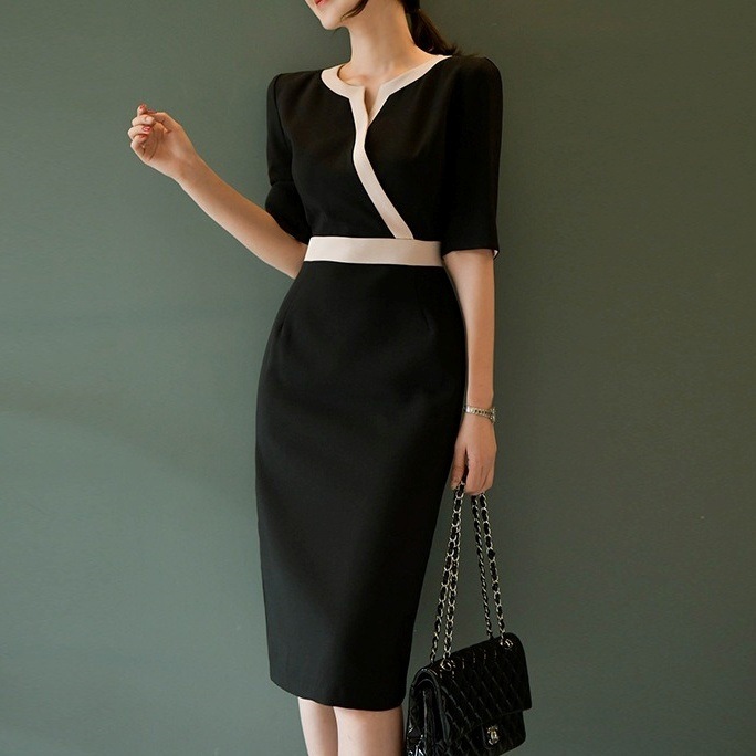 ワンピース ミモレ丈ワンピース ミモレ丈 五分袖 ウエストマーク ハイウエスト 黒 袖あり ストレート 5分袖 韓国 レディース オルチャン 大人 可愛い タイト スリム ドレス 細身