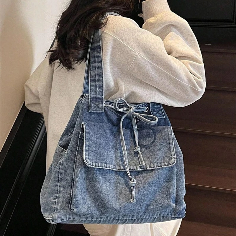 新作ファッションカジュアル 無地 ウォッシュドキャンバス巾着トートバッグ多ポケット通勤ショッピング ショルダーバッグ レディース用