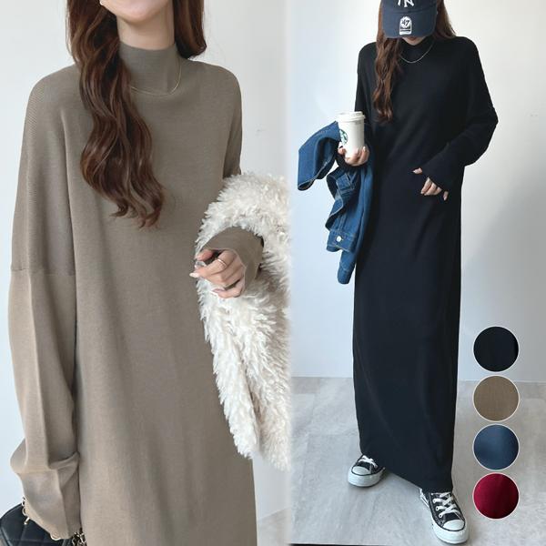 カシミヤタッチ ハイネック 首回りを締め付けない チクチクしない ゆったり ニット ワンピース レディース / ハイネックニットロングワンピース 4,781円
