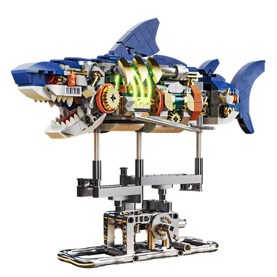zmart メカニカル サメ 組み立てセット サメ 海の生き物 ブロック ディスプレイスタンドとライト付き サメブロック 海洋生物 組立玩具 動物 知育 水族館 レゴ互換 シャーク 海の動物 ミニ キ
