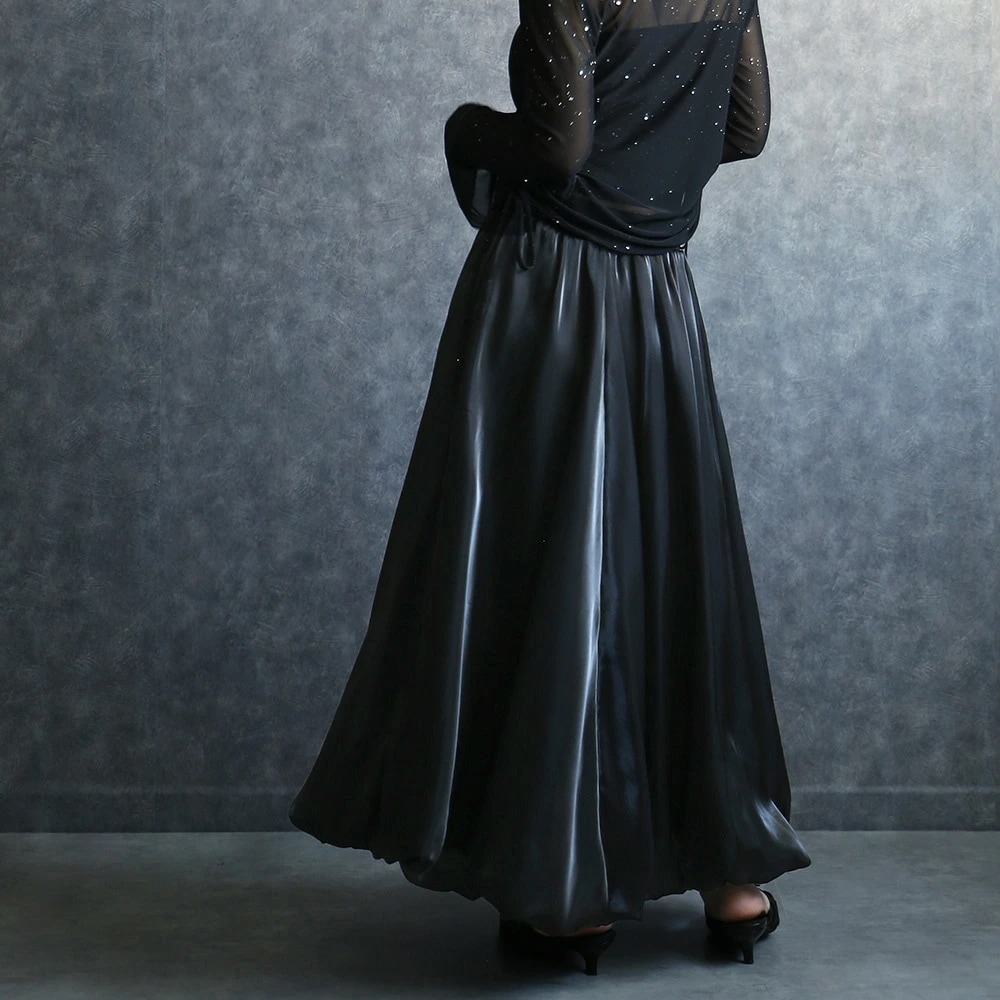 スカート ロング シャイニーバルーンスカート ボトムス レディース ウエストゴム フレアスカート Aライン 光沢 とろみ 無地 体型カバー 送料無料 6,314円