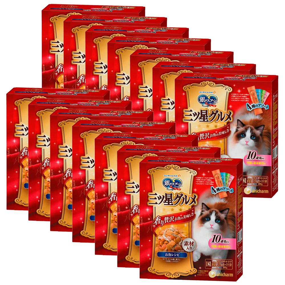 キャットフード　三ツ星グルメ　腎臓の健康維持用　１０歳が近づく頃から　お魚レシピに贅沢素材４種のアソート　２００ｇ　１４個　ＣＲＣ35―15―88―20―00