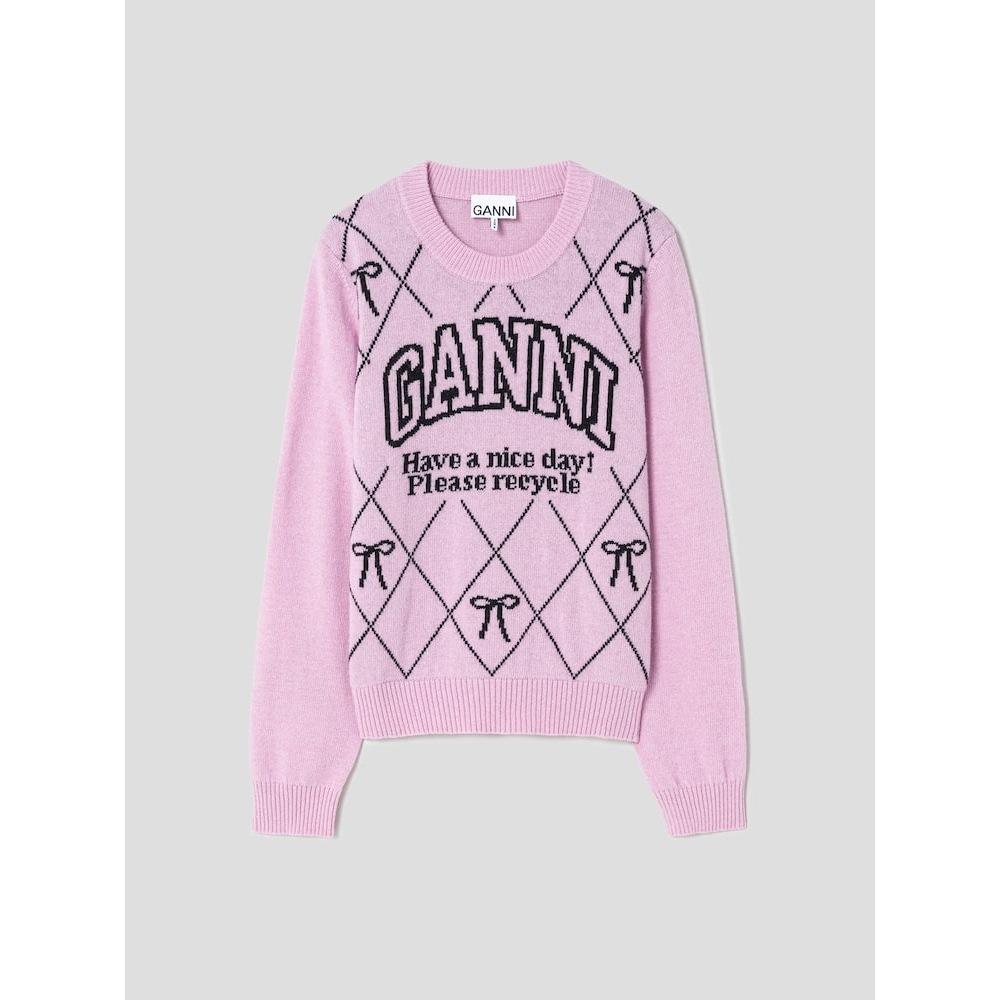 GANNI グラフィックウールミックスボウクルーネック-ライトピンク QN5151C03Y