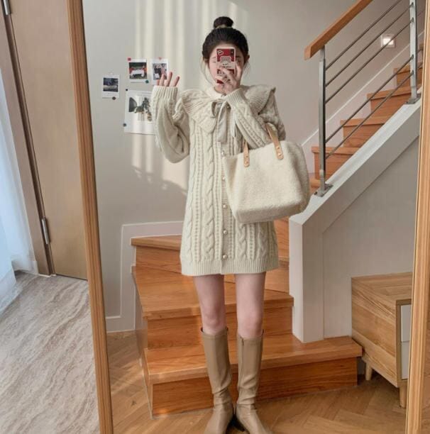 【3日で出荷】ニットワンピース ミニ丈 大きめ襟 リボン ケーブル編み ゆったり ガーリー きれいめ おしゃれ