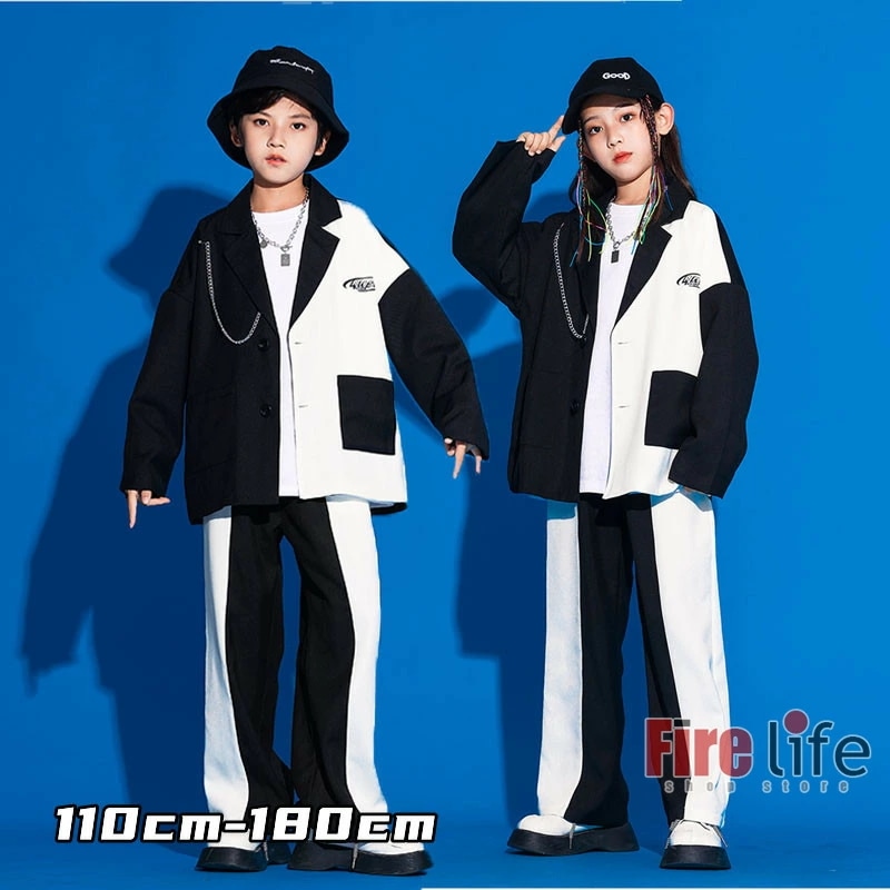 ダンス衣装 キッズ 白黒スーツ セットアップ 個性的 ヒップホップ ホワイト ブラック　長袖Tシャツ 男の子 女の子 ダンスウェア 韓国 ダンス発表会 ステージ衣装 110cm～180cm