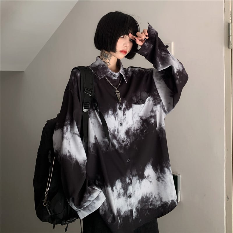 トップス オーバーサイズ シャツ 長袖 l 染色 カラー タイダイ 絞り染め プリント 襟付き ポロ襟 ポケット付き フロントボタン 前開き ゆったり ゆるだぼ 大きめ シック クール かっこい