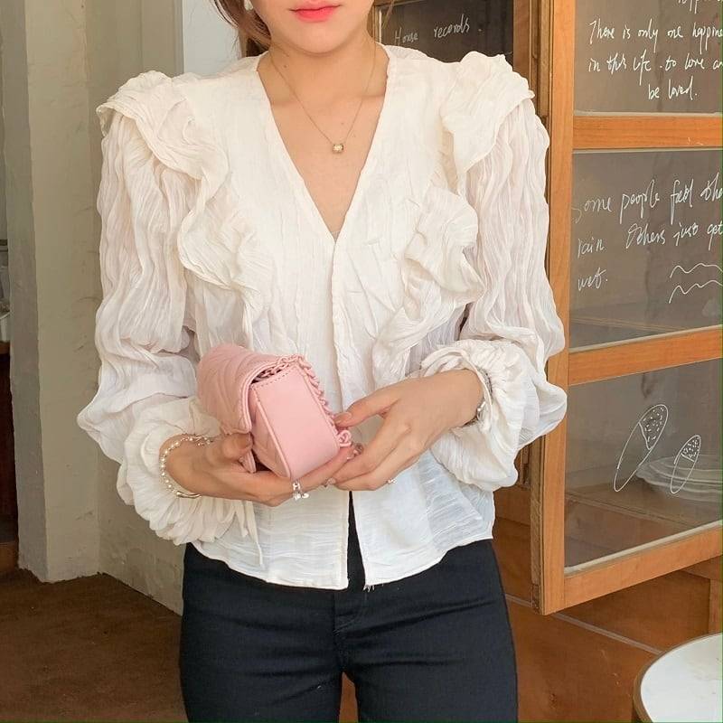 3color レディース トップス シャツブラウス シャツ ブラウス ショート丈 Vネック 前開き プリーツ フリル くしゅくしゅ 袖口リボン 無地 袖あり 長袖 ボリューム袖 清潔感 ガーリー 大人 4,987円