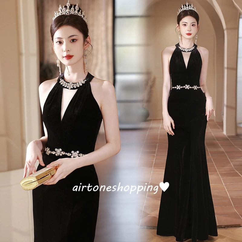 イブニングドレス マーメイドドレス 黒 ホルターネック ベロア ベルベット 発表会ドレス ロングドレス ブラック マーメイドライン Vネック ノースリーブ セクシー パーティードレス ラインストーン