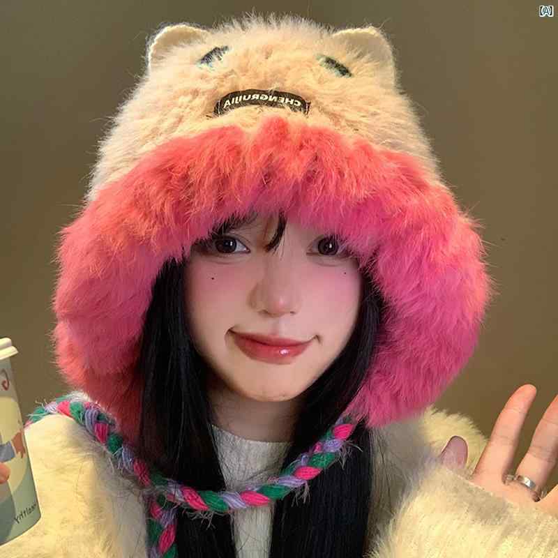 レディースファッション　ファッション小物　オシャレ 秋冬 かわいい ピンク 小柄 モンスター ぬいぐるみ 帽子 顔 ニット ウール 暖かい 耳保護