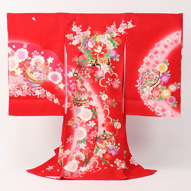 レンタル お宮参り 着物 女の子 レンタル 女児 祝着 正絹赤地に御所車と花お宮参り産着祝着 初着