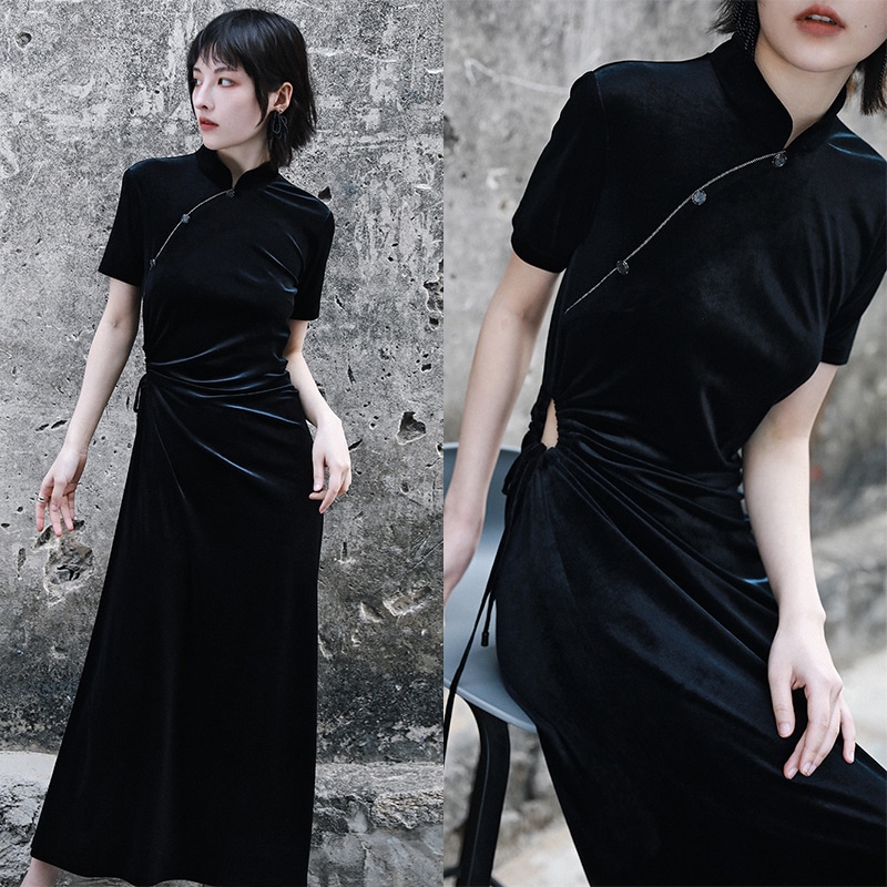 チャイナドレス ロング 半袖 レトロチャイナ風ワンピース 黒 セクシー 金属ボタン 腰括れ