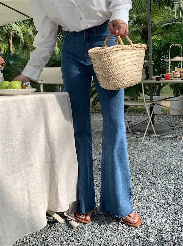 ハイウエストフレア デニム パンツ ロングパンツ 切りっぱなし