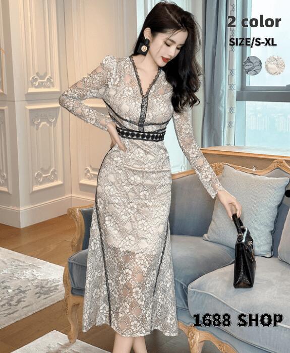 在庫一掃！2025 タイトワンピース 姫系ワンピース　シンプル　ワンピース インポート ひざ丈 ミドル丈 エレガント　韓国ファッション シンプル Vネック パーティドレス 長袖　お嬢様 セクシー ミ