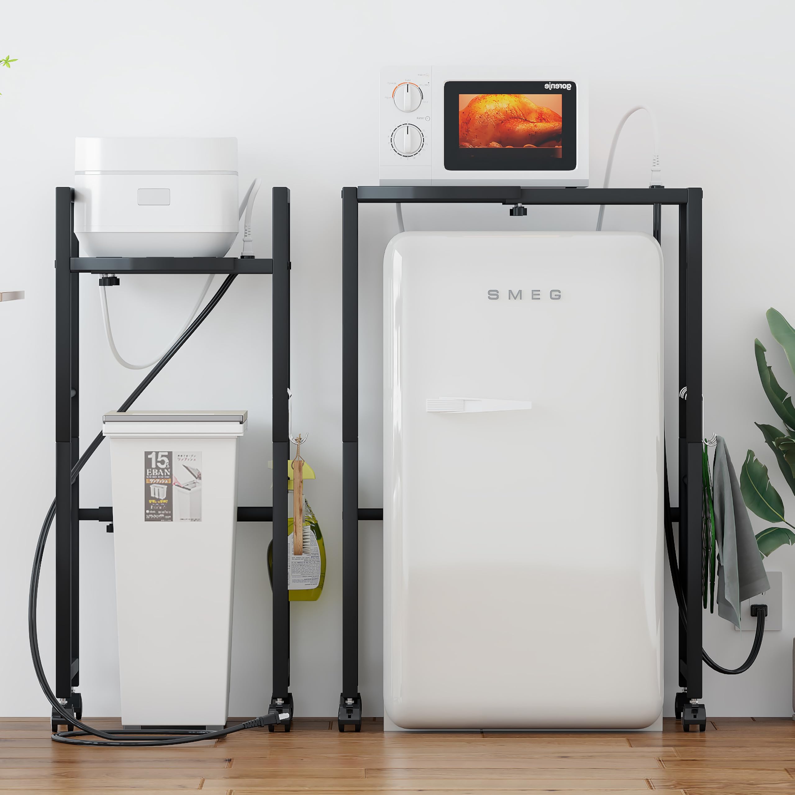 LunarLight ゴミ箱上ラック 幅40-60奥行34高さ90cm 多機能横幅伸縮式 コンセント付き キッチンツールラック レンジ台 オーペンラック ゴミ箱収納 プリント台ラック 可動式棚板多段調