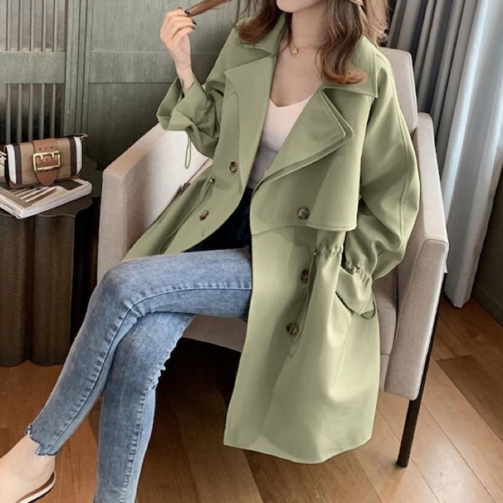 レディース コート トレンチ 羽織 前開き ミディアム 膝上 長袖 ラグラン 襟付き フェミニン ウエストマーク ポケット 前開き ドロスト コンサバ ボタン ギャザー 大人可愛い きれいめ シンプル