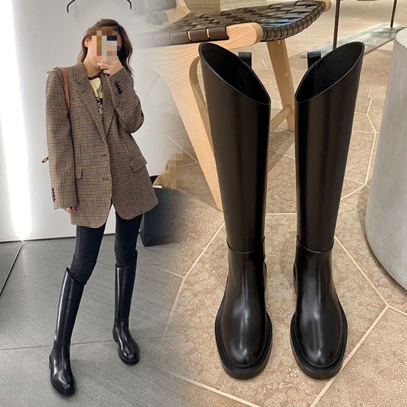 ムートンブーツ人気ロングブーツ個性的騎士ブーツ英伦風口丸トゥ太ヒール脚長効果百掛け通勤大きいサイズ 40 QYX98