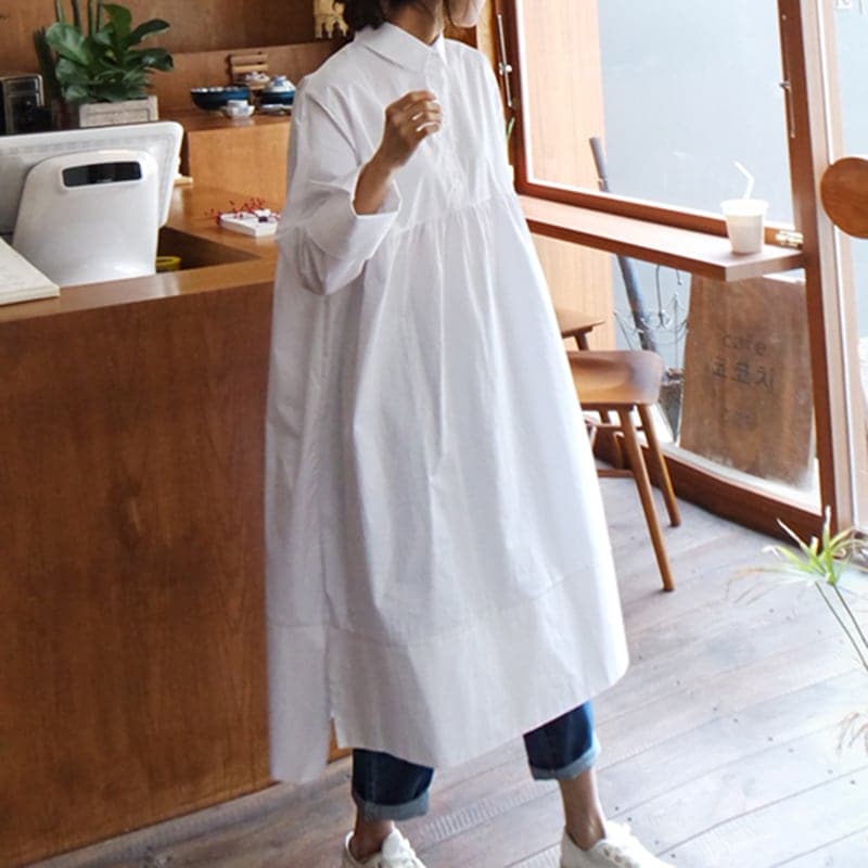 ワンピース シャツワンピース ミモレ丈 膝下 長袖 襟付き ストレート ワイド Aライン 切り替えデザイン ギャザー スリット ハイウエスト 前開き ボタン かわいい 大人可愛い きれいめ シンプル