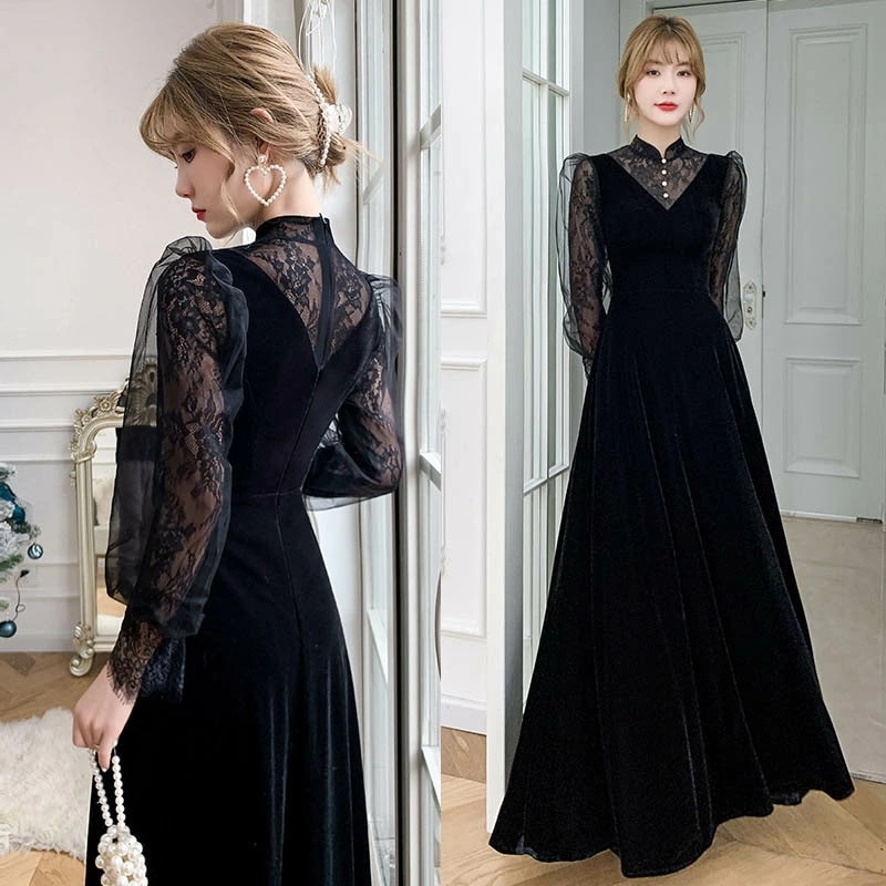 パーティードレス 黒 ベロア レース長袖 フォーマル 結婚式 二次会 演奏会 ドレス ピアノ 発表会 大人 ロングドレス お呼ばれドレス 着瘦せ 秋冬 おしゃれ Aライン ワンピース ドレス 大きいサ
