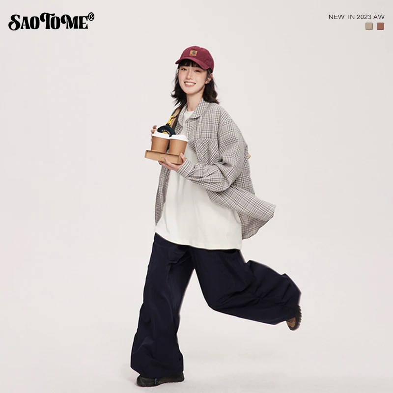 早乙女恵子 Saotome 和風ストリートシワ細格子グリーンフルーツカラーシャツ