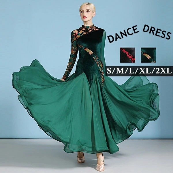 社交ダンス モダンドレス 衣装 ワンピース スタンダード 練習着 レッスン着 花柄 長袖 ダンスウェア イベント ステージ ロング丈 ダンス競技 舞台衣装 発表会 演出服 透け感 広がる裾 コンクール