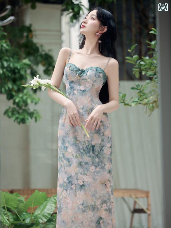 【送料無料】レディース ファッション オシャレ カワイイ 女性用 シンプル 人カワイイ きいサイズ 婦人 キキョウ フレンチ レトロ スカート 油絵 プリント レース 襟 ワンピース ドレス 夏