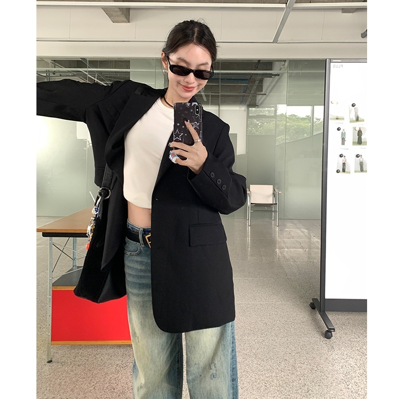 黒の高級ブレザー女性の新しい韓国スタイルのスリットルーズカジュアルファッション長袖スーツ
