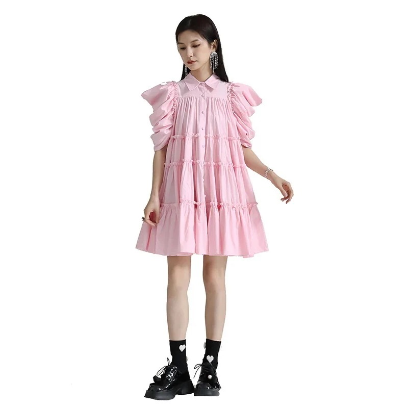 韓国ファッション オーバーサイズスイングシャツワンピース / コートスタイル プリーツバブルスリーブ / ドレス