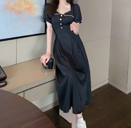 ワンピース フレア 膝下 ミモレ 半袖 パフスリーブ ハートネック 前ボタン 大人可愛い きれいめ エレガント かわいい お出かけ 春 夏 デート パーティー 韓国 XL 2XL 3XL