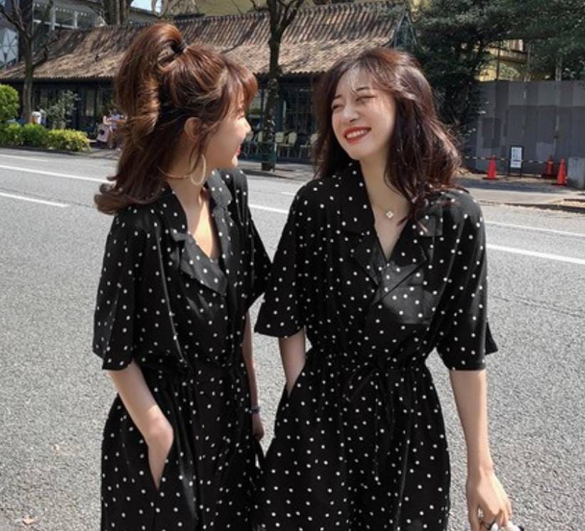 オールインワン ハイウエスト ジャンプスーツ セットアップ ルームウェア ロング ショート 袖あり 半袖 5分袖 襟付き Vネック かわいい 楽ちん ドット柄 黒 春 夏 学生 通勤 双子コーデ
