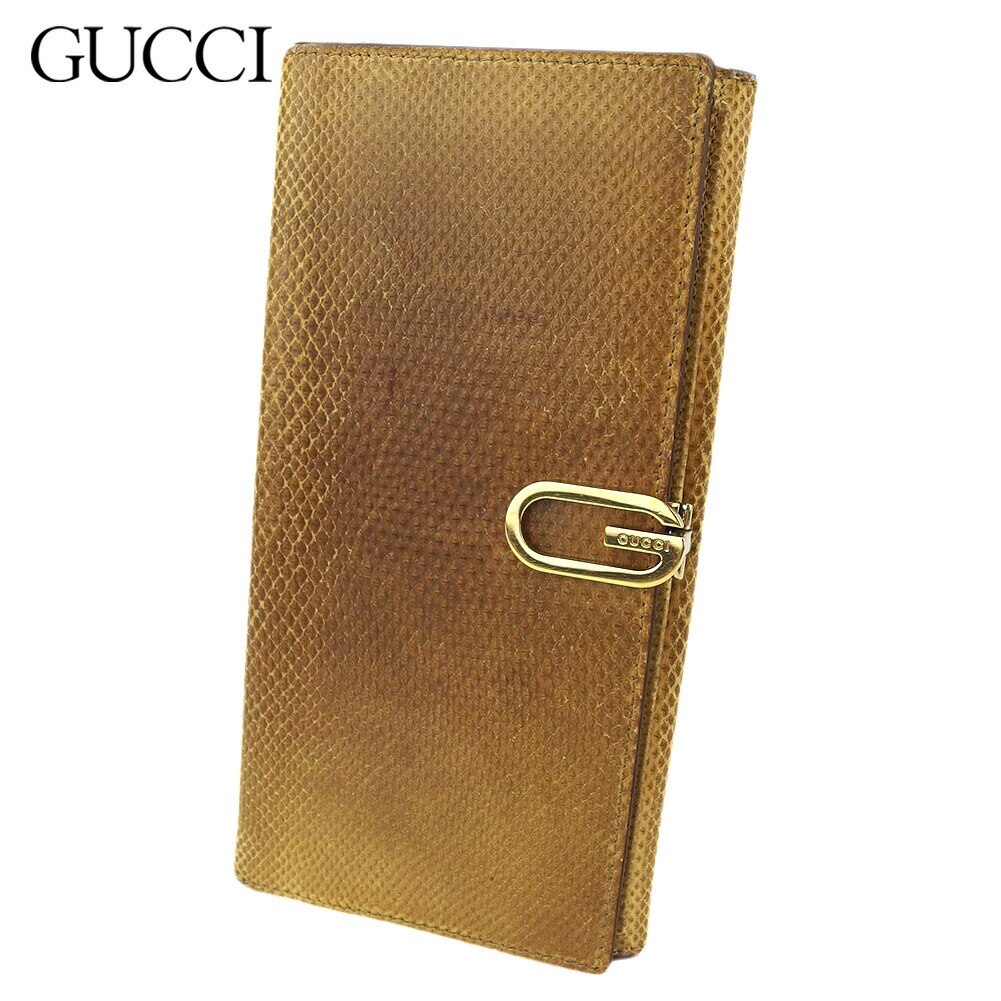 長財布 Wホック 財布 リザード レディース メンズ Gマーク ベージュ ゴールド 中古
