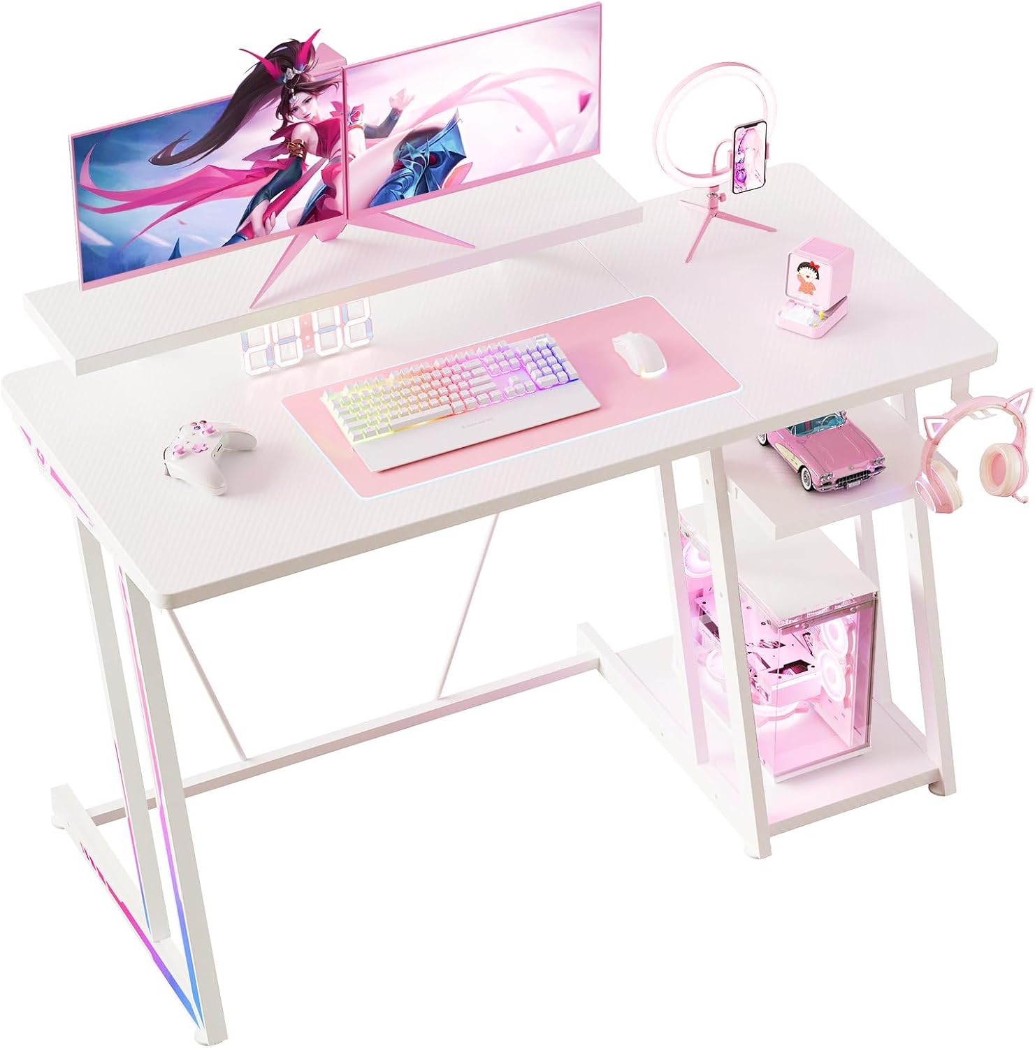 YeTom 大型ゲーミングデスク 120cm 拡張収納棚 マルチモニター3台設置 カーボンファイバー天板 ストリーミング特化ゲームデスク ホワイト