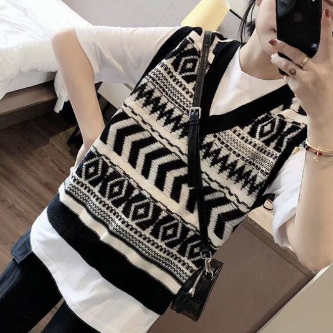 オーバーサイズ ジャカード柄 幾何学調 インパクト トップス ベスト ミディアム丈 袖なし