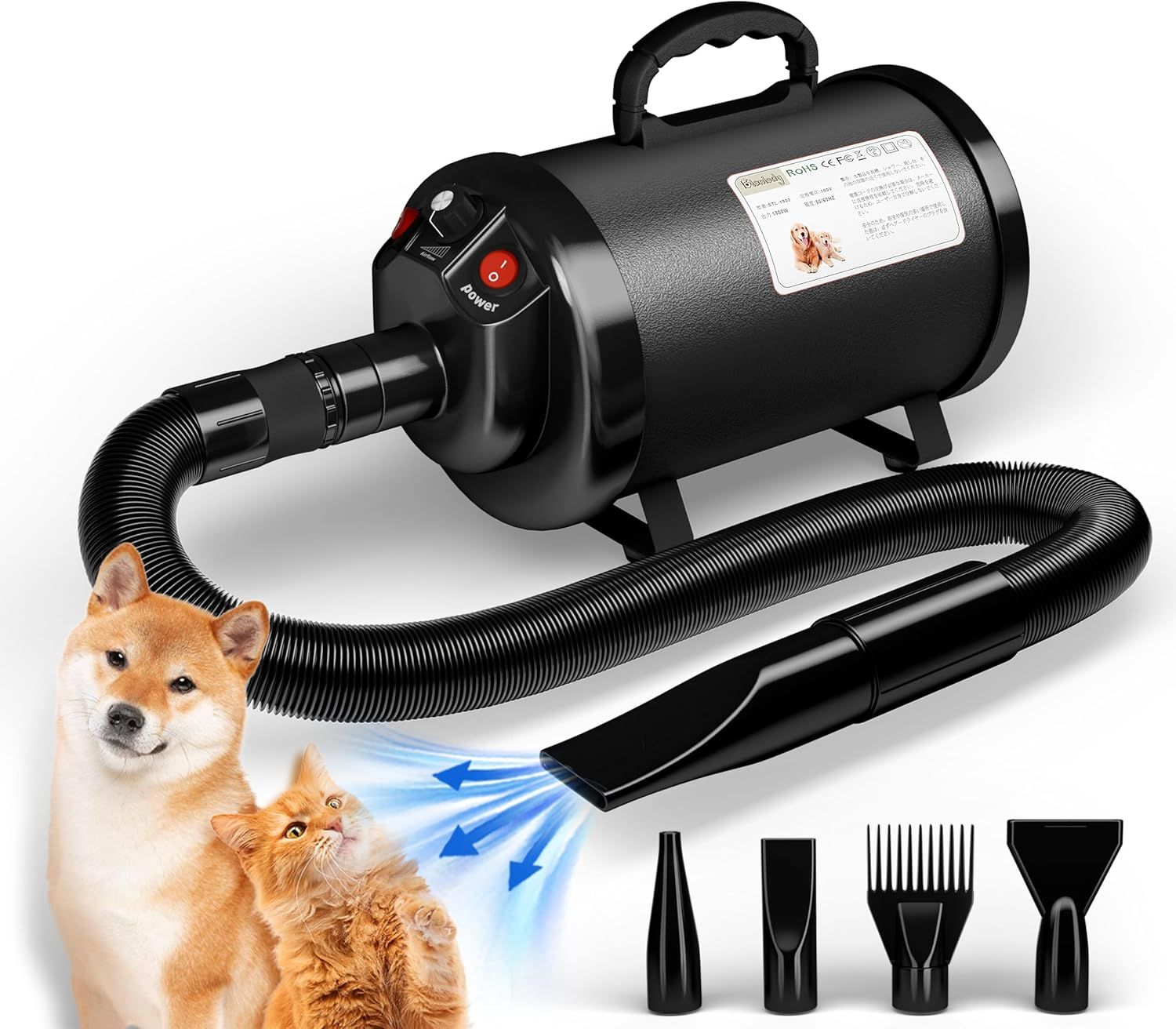 犬 ドライヤー 4.5PS / 3200W 低ノイズ 50dB 犬用ドライヤー 業務用 無段階 風速75m/s ペットドライヤー 自宅で 猫 ドライヤー 温度可調整 4つのノズル付きと ブラシ