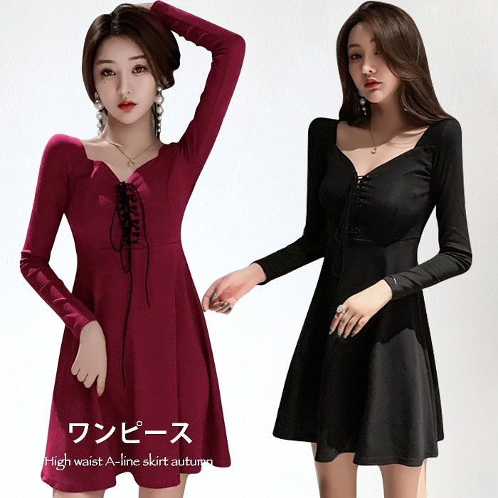 フレアワンピース レディース ワンピース ミニワンピース ショートワンピース ショート丈 長袖 フレア ドロスト付き