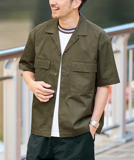 カジュアルシャツ 綿１００％オーバーサイズ５分袖ミリタリーシャツ