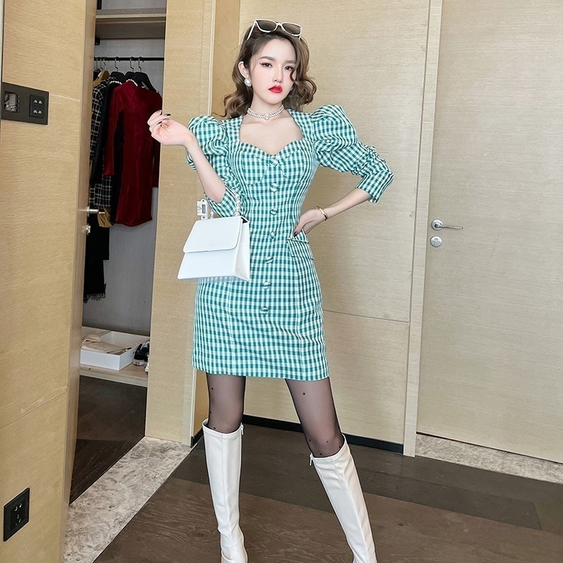 【Fellow 20％割】【JY.上品】 秋 格子 ショートワンピース パーティードレス 着痩せ 大人 お呼ばれ 同窓会 披露宴 卒業式 結婚式 ウェディング 二次会 成人式