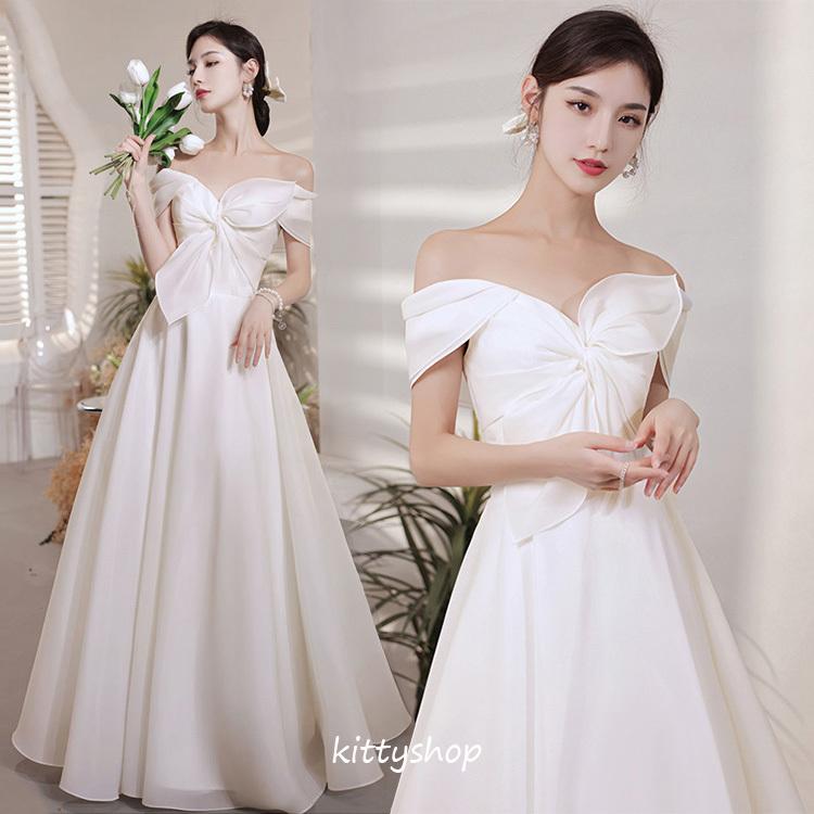 ウェディングドレス オフショルダー リボン 無地 サテン ロングドレス 白 ホワイトドレス 二次会ドレス 撮影 海外挙式 Vネック 結婚式ドレス 花嫁ドレス Aライン