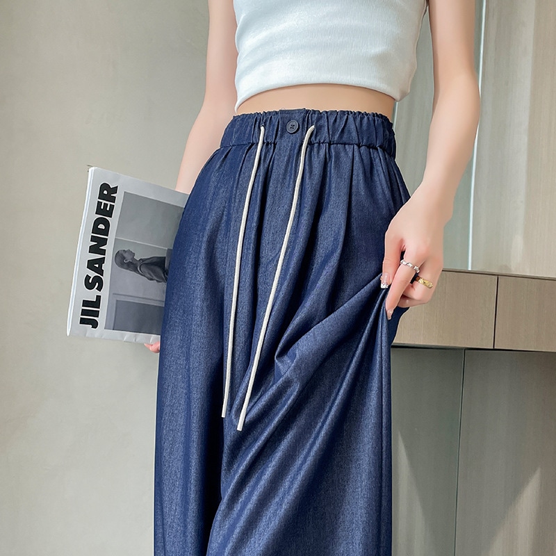 天丝软牛仔裤女夏季薄款2024松紧高腰显瘦宽松垂感冰丝阔腿裤