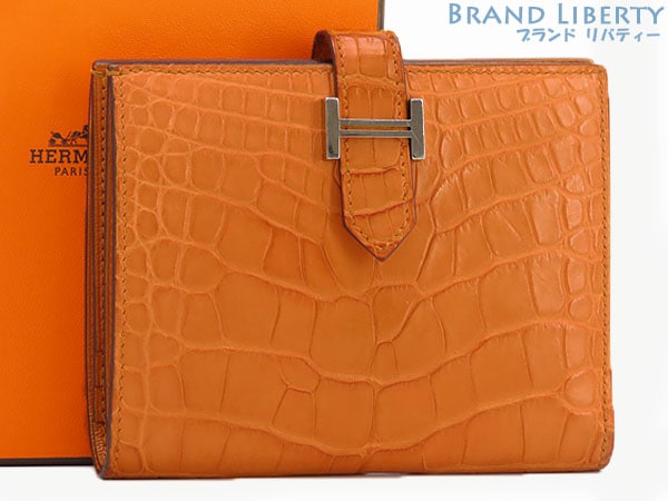 美品エルメスベアンコンパクトアリゲーターマット二つ折り財布コンパクト財布クロコダイルオレンジシルバー金具レザー