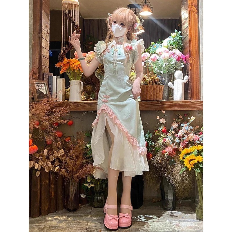 優しい気質で甘いフライングスリーブドレス ボタンステッチ改良付き