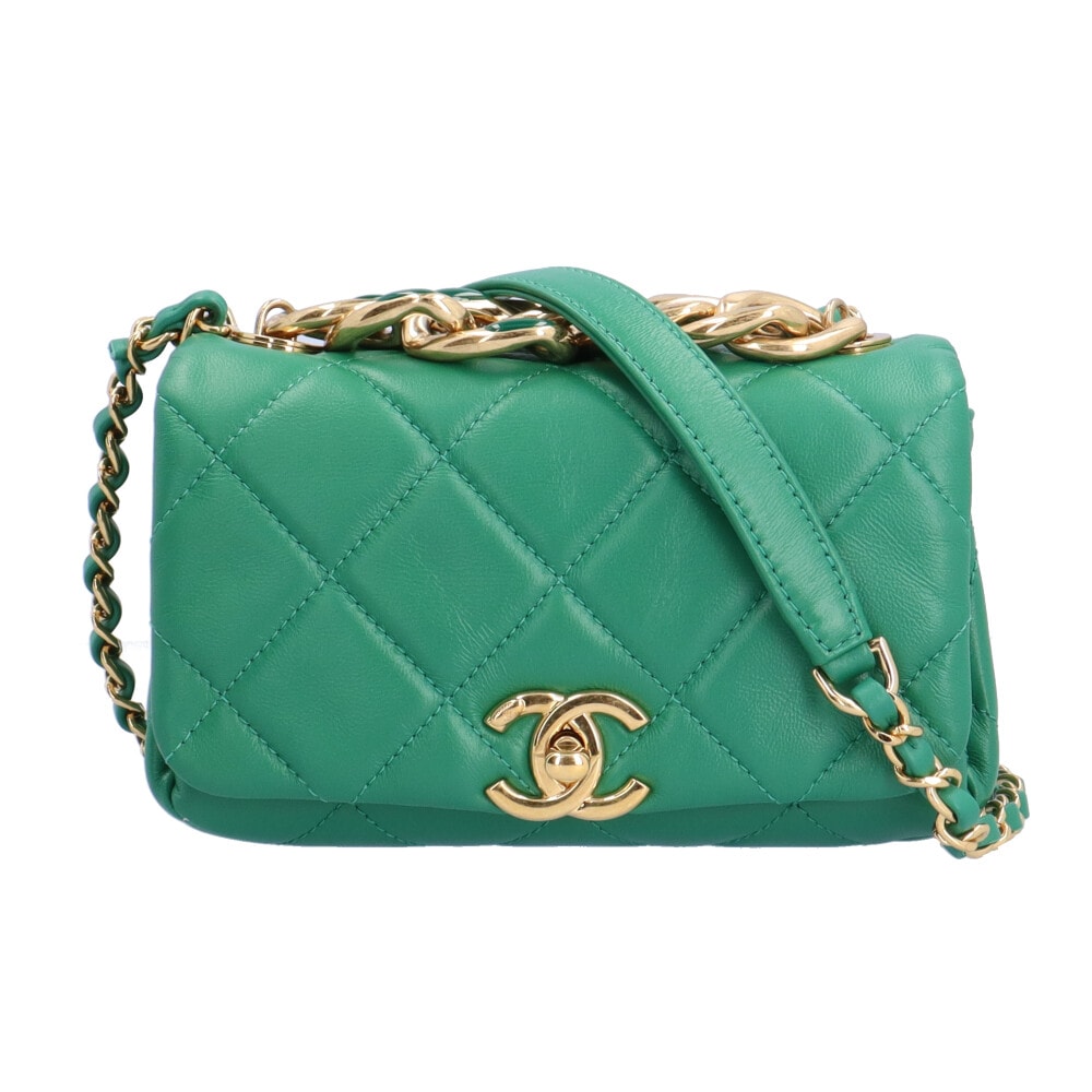シャネル ミニチェーンショルダー ショルダーバッグ ラムスキン グリーン CHANEL 中古 美品