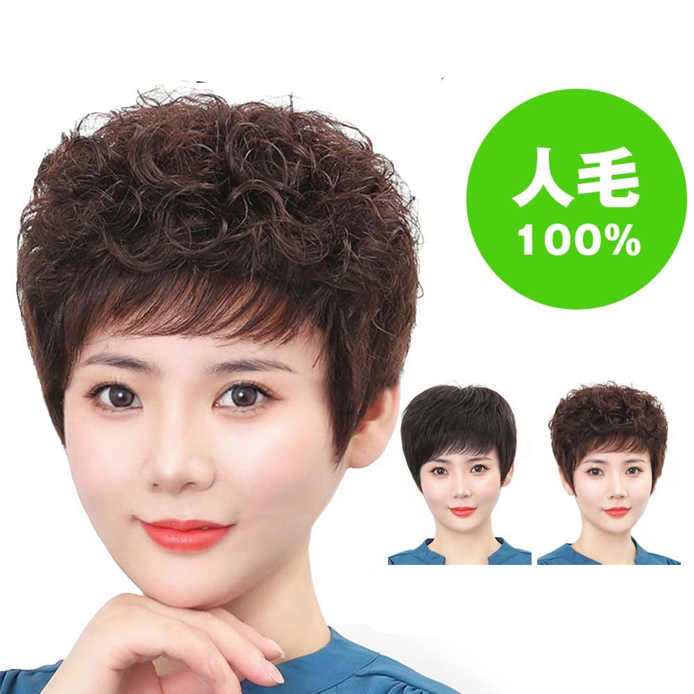 フルウィッグ ショート 人毛１００％ ボブ ストレート カール 自然 軽量 通気 耐熱 簡単 脱毛 薄毛隠し 白髪隠し イメチェン 女性用 母のウィッグ つけ毛 かつら