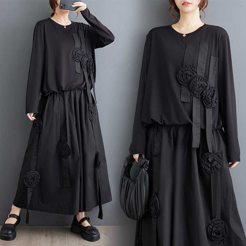 【急速出荷】秋新品 上下セット 3D花柄 Tシャツ＋ワイドパンツ 大きいサイズ 体型カバー レディース セットアップ メガ割