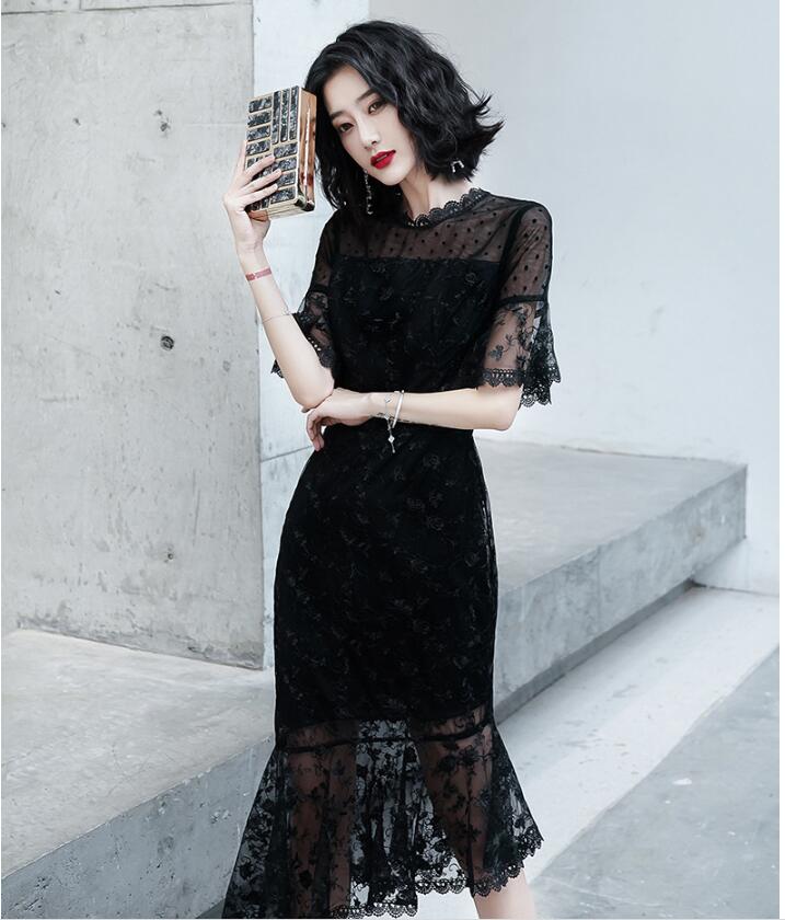 ドレス 大人 ピアノ 発表会 韓国 カクテルドレス 個性的 ドレス オシャレ ブラック フォーマル 結婚式ドレス 二次会 謝恩会 ミモレ丈 ワンピース パーティードレス レース 前撮りドレス エレガン