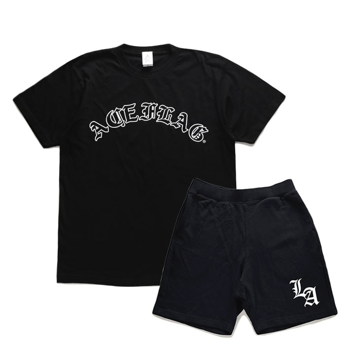 ACE FLAG 上下セット 半袖 ブランド Tシャツ ハーフパンツ メンズ 春夏用 黒 大きいサイズ エースフラッグ セットアップ オールド文字 オーバーサイズ