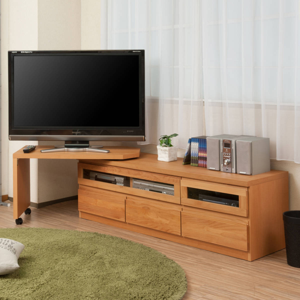 伸縮 テレビ台 回転盤付 アルダー前板 幅156ー215cm ナチュラル テレビボード TV台 テレビラック 天然木 日本製 完成品 収納 木製 TVラック フラップ扉 AVボード 引き出し