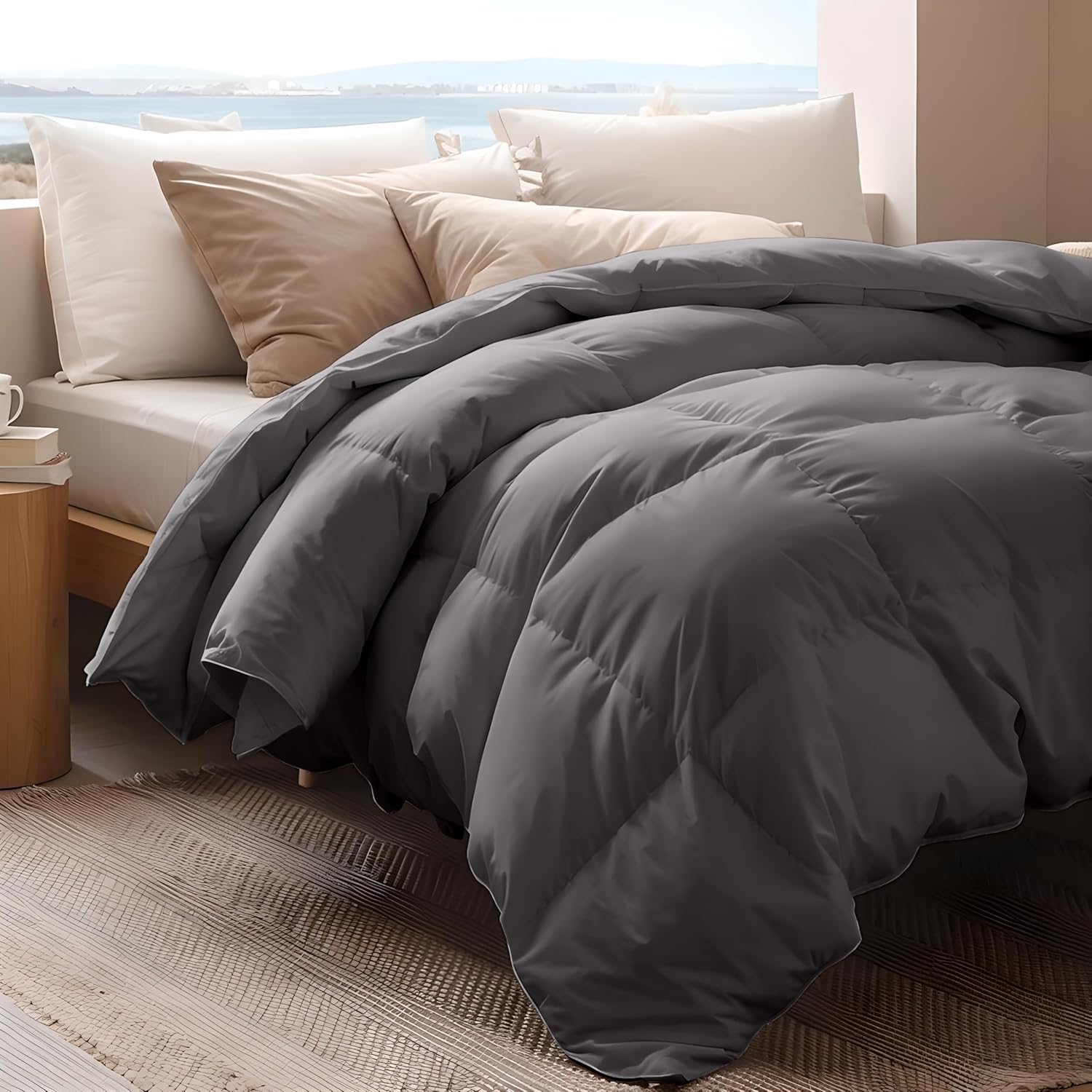 掛け布団 春秋 羽毛布団 シングル 洗える【雲のように軽い 独自技術とデザインの抗菌防臭加工】0℃～25℃での使用を推奨 ダックダウン85% ATOPEN ふとん 肌掛け布団 グレー サイズ:150c