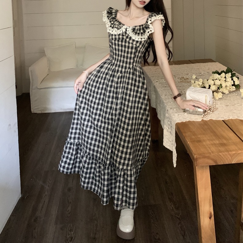 個性的 春服 夏服 格子柄 ビッグカラー レディース ワンピース フレア ノースリーブ ミモレ ノースリーブ スクエアネック 大きな襟 デカ襟 ドールカラー フレア インスタ映え SNS 映